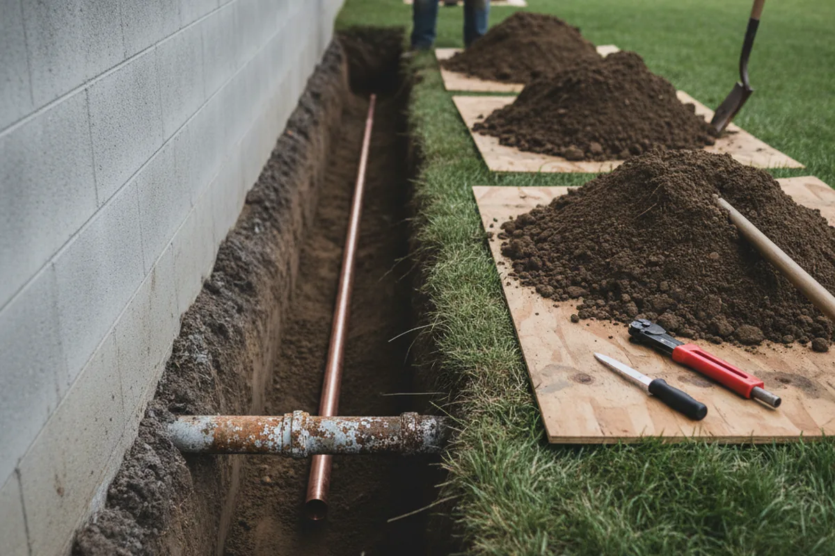 Excavated water line trench during Sewer Line Repair in Casmalia